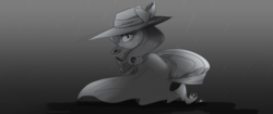 Size: 2709x1143 | Tagged: safe, artist:ncmares, edit, rarity, g4, rarity investigates, clothes, detective, female, looking at you, monochrome, noir, rain, solo, ultra widescreen, wallpaper, wallpaper edit, widescreen