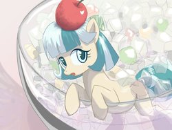 Size: 1024x768 | Tagged: safe, artist:half_clutchngt, coco pommel, earth pony, pony, g4, cherry, cup, cup of pony, female, food, micro, nata de coco, solo