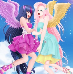 Size: 4131x4200 | Tagged: safe, artist:srtagiuu, fluttershy, twilight sparkle, human, equestria girls, g4, absurd resolution, clothes, dress, duo, eared humanization, fall formal, fall formal outfits, female, fluttershy boho dress, flying, happy, high heels, humanized, laughing, lesbian, ship:twishy, shipping, sleeveless, sleeveless dress, strapless, tailed humanization, touching arm, twilight sparkle (alicorn), winged humanization
