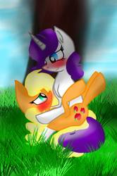 Size: 480x724 | Tagged: safe, artist:02valery12, applejack, rarity, g4, blushing, female, grass, lesbian, looking at each other, ship:rarijack, shipping, tree