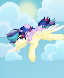 Size: 1779x2172 | Tagged: safe, artist:kaatseye, oc, oc only, oc:prism shield, oc:shooting star, brother and sister, flying, offspring, parent:flash sentry, parent:twilight sparkle, parents:flashlight, ponies riding ponies, riding, sibling bonding