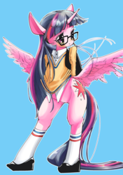 Size: 2039x2894 | Tagged: safe, artist:unousaya, twilight sparkle, alicorn, pony, semi-anthro, g4, bipedal, bottomless, butt wings, clothes, female, glasses, high res, looking away, partial nudity, shoes, solo, spread legs, spreading, stockings, twilight sparkle (alicorn)