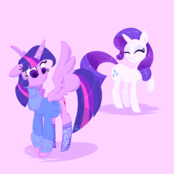 Size: 1500x1500 | Tagged: safe, artist:ogaraorcynder, rarity, twilight sparkle, alicorn, pony, rartwi, g4, clothes, eyes closed, female, floppy ears, lesbian, mare, pink background, raised hoof, ship:rarilight, shipping, simple background, smiling, spread wings, stockings, sweater, twilight sparkle (alicorn), wings