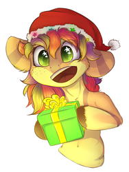 Size: 1200x1600 | Tagged: dead source, safe, artist:freckleplant, oc, oc only, pony, hat, present, santa hat, solo, starry eyes, wingding eyes, ych result
