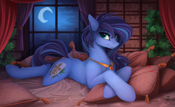 Size: 2200x1350 | Tagged: safe, artist:yakovlev-vad, oc, oc only, earth pony, pony, bed, bedroom, crescent moon, crossed hooves, dock, jewelry, looking at you, lying down, moon, necklace, night, pillow, prone, slender, solo, thin