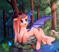 Size: 700x619 | Tagged: safe, artist:rodrigues404, oc, oc only, bat pony, butterfly, pony, :3, animated, beautiful, cinemagraph, cute, forest, gif, horn, scenery, solo, weapons-grade cute