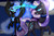 Size: 1800x1200 | Tagged: safe, artist:crazysurprise, nightmare moon, nightmare rarity, alicorn, pony, unicorn, g4, duality, female, magic, mare, moon, raised hoof, self ponidox, time paradox