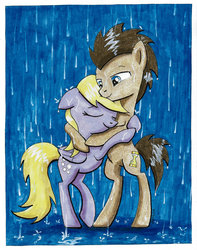 Size: 1024x1300 | Tagged: safe, artist:helmie-art, derpy hooves, doctor whooves, time turner, pony, g4, bipedal, eyes closed, floppy ears, hug, male, rain, ship:doctorderpy, shipping, smiling, straight, traditional art, wet, wet mane