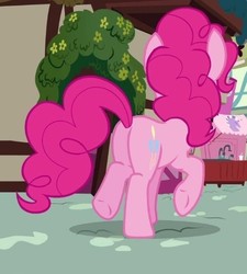 Size: 392x436 | Tagged: safe, screencap, pinkie pie, earth pony, pony, a friend in deed, g4, butt, cropped, female, mare, plot, raised hoof, raised leg, solo