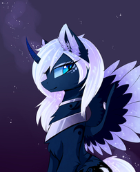 Size: 1600x1969 | Tagged: safe, artist:magnaluna, princess luna, alicorn, pony, g4, alternate design, alternate hairstyle, chest fluff, colored wings, colored wingtips, curved horn, cute, ear fluff, elbow fluff, female, horn, leg fluff, looking at you, lunabetes, mare, peytral, purple background, simple background, smiling, solo, sparkly ears, sparkly mane, sparkly tail, sparkly wings, spread wings, tail, white-haired luna, wings