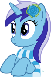 Size: 1690x2511 | Tagged: safe, artist:arifproject, minuette, pony, unicorn, g4, arif's wide eyes pone, blue rose, clothes, cute, female, flower, flower in hair, hair ornament, rose, scarf, simple background, solo, transparent background, vector, wide eyes