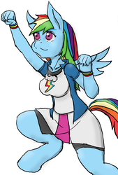 Size: 1020x1508 | Tagged: safe, artist:tiroil, rainbow dash, pegasus, anthro, unguligrade anthro, g4, breasts, busty rainbow dash, clothes, compression shorts, cute, equestria girls outfit, female, shorts, simple background, skirt, solo
