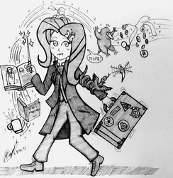 Size: 1825x1872 | Tagged: safe, artist:php71, fluttershy, equestria girls, g4, book, briefcase, crossover, fantastic beasts and where to find them, fantasy, female, grayscale, harry potter (series), j.k. rowling, magic, magic wand, monochrome, mug, mythology, solo, traditional art