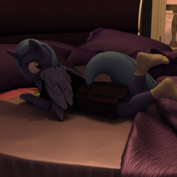 Size: 2000x2000 | Tagged: safe, artist:tahublade7, princess luna, anthro, plantigrade anthro, g4, 3d, bed, book, clothes, cute, daz studio, female, filly, high res, looking back, lunabetes, prone, shirt, skirt, socks, solo, woona, younger