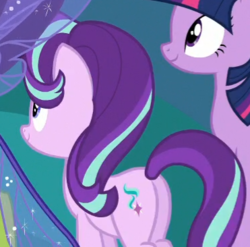 Size: 371x366 | Tagged: safe, screencap, starlight glimmer, twilight sparkle, alicorn, pony, g4, to where and back again, butt, cropped, female, glimmer glutes, mare, plot, twilight sparkle (alicorn)