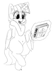 Size: 1280x1721 | Tagged: safe, artist:pabbley, twilight sparkle, alicorn, pony, g4, belly button, bipedal, book, bookhorse, cute, female, magic, monochrome, open mouth, simple background, solo, telekinesis, that pony sure does love books, thighlight sparkle, thunder thighs, twiabetes, twilight sparkle (alicorn), white background