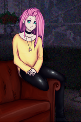 Size: 1000x1500 | Tagged: safe, artist:kira-minami, fluttershy, human, g4, clothes, couch, cute, cutie mark necklace, female, flattershy, goth, humanized, jewelry, looking at you, necklace, pants, room, scenery, shyabetes, sitting, smiling, solo, tight clothing