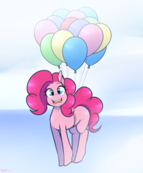 Size: 1280x1553 | Tagged: safe, artist:da3rd, pinkie pie, earth pony, pony, g4, balloon, cute, diapinkes, female, floating, looking at you, smiling, solo, then watch her balloons lift her up to the sky