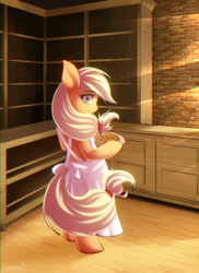 Size: 951x1309 | Tagged: safe, artist:coma392, applejack, earth pony, pony, g4, apron, bipedal, clothes, cookie, crepuscular rays, female, food, looking back, smiling, solo