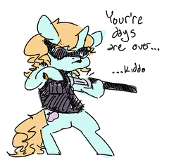 Size: 608x579 | Tagged: safe, artist:nobody, oc, oc only, oc:vidalia sprout, pony, unicorn, bipedal, blade runner, dialogue, edgy, frown, grammar error, hoof hold, meme, simple background, solo, sunglasses, sword, weapon, white background, you're