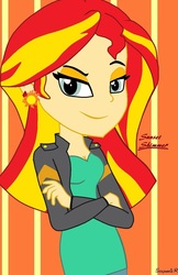Size: 904x1393 | Tagged: safe, artist:disneyandzimfanatic, sunset shimmer, equestria girls, g4, breasts, clothes, crossed arms, ear piercing, earring, female, jacket, jewelry, leather jacket, lidded eyes, looking at you, piercing, raised eyebrow, solo