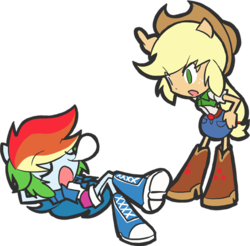 Size: 570x560 | Tagged: safe, artist:rvceric, applejack, rainbow dash, equestria girls, g4, boots, chibi, clothes, cowboy hat, denim skirt, doll, eared humanization, equestria girls minis, eyes closed, female, hat, on back, pixiv, shorts, simple background, skirt, sleeping, stetson, toy, transparent background