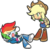 Size: 570x560 | Tagged: safe, artist:rvceric, applejack, rainbow dash, equestria girls, g4, boots, chibi, clothes, cowboy hat, denim skirt, doll, eared humanization, equestria girls minis, eyes closed, female, hat, on back, pixiv, shorts, simple background, skirt, sleeping, stetson, toy, transparent background