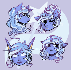 Size: 1280x1247 | Tagged: safe, artist:mscootaloo, trixie, elf, night elf, pony, unicorn, g4, :t, asksketchytrixie, bust, cutie mark, ear piercing, elf ears, eyebrows, female, floppy ears, frown, lidded eyes, looking at you, nightborne, one eye closed, piercing, smiling, solo, species swap, warcraft, wink, world of warcraft