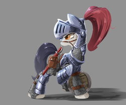 Size: 600x500 | Tagged: safe, artist:l8lhh8086, oc, oc only, pony, armor, fantasy class, gray background, knight, open mouth, plume, saddle bag, shield, simple background, solo, sword, warrior, weapon