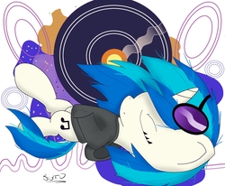 Size: 2483x2049 | Tagged: safe, artist:bronybehindthedoor, dj pon-3, vinyl scratch, g4, clothes, female, high res, hoodie, signature, solo, vinyl's glasses