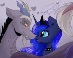 Size: 3600x2845 | Tagged: safe, artist:elementalokami, discord, princess luna, g4, cute, high res, lunabetes, male, ship:lunacord, shipping, straight