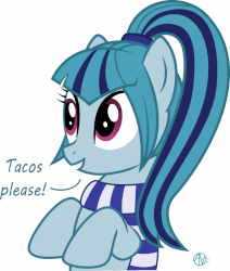 Size: 677x800 | Tagged: safe, artist:arifproject, derpibooru exclusive, sonata dusk, pony, g4, animated, arif's wide eyes pone, blue, clothes, cute, dialogue, equestria girls ponified, eye shimmer, female, food, gif, hnnng, ponified, scarf, simple background, solo, sonatabetes, sonataco, taco, that girl sure loves tacos, that pony sure does love tacos, that siren sure does love tacos, vector, white background, wide eyes