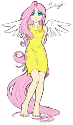 Size: 703x1200 | Tagged: safe, artist:aphexangel, artist:ixalon, color edit, edit, fluttershy, human, g4, barefoot, clothes, colored, dress, feet, female, humanized, lineart, solo, tailed humanization, winged humanization