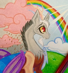 Size: 2698x2914 | Tagged: safe, artist:emberslament, discord, g4, chocolate, chocolate rain, food, high res, male, prismacolors, rain, rainbow, solo, traditional art