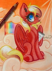 Size: 2818x3802 | Tagged: safe, artist:emberslament, oc, oc only, oc:scarlet sketch, pegasus, pony, cloud, ear piercing, female, high res, mare, piercing, prismacolors, solo, traditional art
