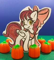 Size: 2631x2954 | Tagged: safe, artist:emberslament, oc, oc only, pegasus, pony, bow, hair bow, high res, prismacolors, pumpkin, solo, traditional art