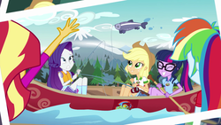 Size: 1280x720 | Tagged: safe, screencap, applejack, rainbow dash, rarity, sci-twi, sunset shimmer, twilight sparkle, equestria girls, g4, my little pony equestria girls: legend of everfree, canoe, female, fishing, legend you were meant to be, rarity is not amused