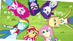 Size: 1280x720 | Tagged: safe, screencap, applejack, fluttershy, pinkie pie, rainbow dash, rarity, sci-twi, spike, spike the regular dog, sunset shimmer, twilight sparkle, dog, equestria girls, g4, my little pony equestria girls: legend of everfree, clothes, cute, dashabetes, diapinkes, humane five, humane seven, humane six, jackabetes, legend you were meant to be, legs, mane seven, mane six, raribetes, selfie, shimmerbetes, shyabetes, sleeveless, spikabetes, tank top, twiabetes
