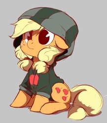 Size: 1781x2048 | Tagged: safe, artist:imalou, applejack, earth pony, pony, g4, clothes, cute, female, filly, filly applejack, freckles, hoodie, jackabetes, sitting, solo, younger