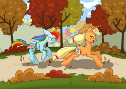 Size: 3507x2480 | Tagged: safe, artist:essel, applejack, rainbow dash, fall weather friends, g4, bound wings, high res, race, running of the leaves