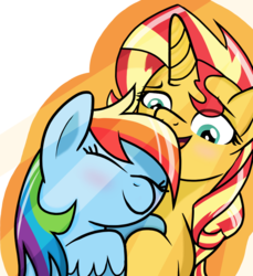 Size: 748x815 | Tagged: safe, artist:berrypunchrules, rainbow dash, sunset shimmer, pony, unicorn, equestria girls, g4, blushing, cuddling, eyes closed, female, lesbian, open mouth, shipping, simple background, smiling, snuggling, sunsetdash, transparent background