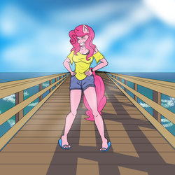 Size: 1024x1024 | Tagged: safe, artist:nwinter3, pinkie pie, earth pony, anthro, plantigrade anthro, g4, clothes, eyes closed, female, flip-flops, grin, ocean, off shoulder, pier, shirt, shorts, smiling, solo, t-shirt, water