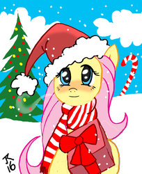 Size: 1024x1254 | Tagged: safe, artist:koku-chan, fluttershy, g4, blushing, bust, candy, candy cane, christmas, clothes, cloud, female, food, gift giving, hat, hearth's warming eve, holding, looking at you, present, santa hat, scarf, signature, smiling, snow, solo