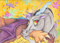 Size: 1024x724 | Tagged: safe, artist:black-feather, discord, g4, male, solo, traditional art