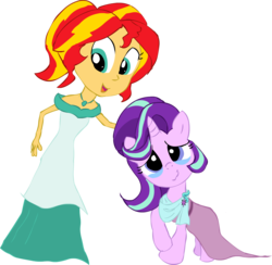 Size: 1516x1482 | Tagged: safe, artist:newportmuse, part of a set, starlight glimmer, sunset shimmer, equestria girls, g4, beautiful, clothes, counterparts, crying, cute, dress, everypony is beautiful, glimmerbetes, jewelry, looking at you, necklace, open mouth, part of a series, raised hoof, shimmerbetes, simple background, smiling, tears of joy, teary eyes, transparent background, twilight's counterparts, wavy mouth