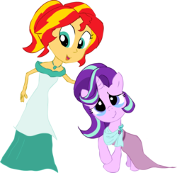 Size: 1516x1482 | Tagged: safe, artist:newportmuse, part of a set, starlight glimmer, sunset shimmer, equestria girls, g4, beautiful, clothes, counterparts, crying, cute, dress, duo, everypony is beautiful, female, glimmerbetes, jewelry, looking at you, necklace, open mouth, part of a series, raised hoof, shimmerbetes, simple background, smiling, tears of joy, teary eyes, transparent background, twilight's counterparts, wavy mouth