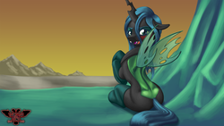 Size: 3840x2160 | Tagged: safe, artist:tsaritsaluna, queen chrysalis, changeling, changeling queen, g4, blushing, clothes, female, high res, looking at you, sitting, socks, solo