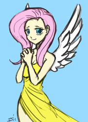 Size: 700x968 | Tagged: source needed, safe, artist:ixalon, artist:johnjoseco, color edit, edit, fluttershy, human, g4, breasts, cleavage, clothes, colored, dress, female, humanized, side slit, solo, winged humanization