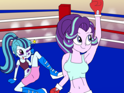 Size: 1600x1200 | Tagged: safe, artist:toyminator900, sonata dusk, starlight glimmer, equestria girls, g4, my little pony equestria girls: rainbow rocks, beaten up, belly button, boxing, boxing gloves, bruised, clothes, equestria girls-ified, midriff, shoes, sneakers, sports bra