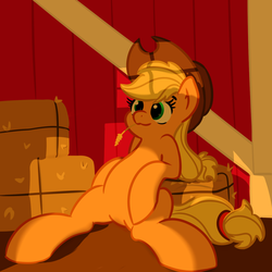 Size: 1400x1400 | Tagged: safe, artist:rockset, applejack, g4, barn, female, food, solo, straw in mouth, sunset, wheat